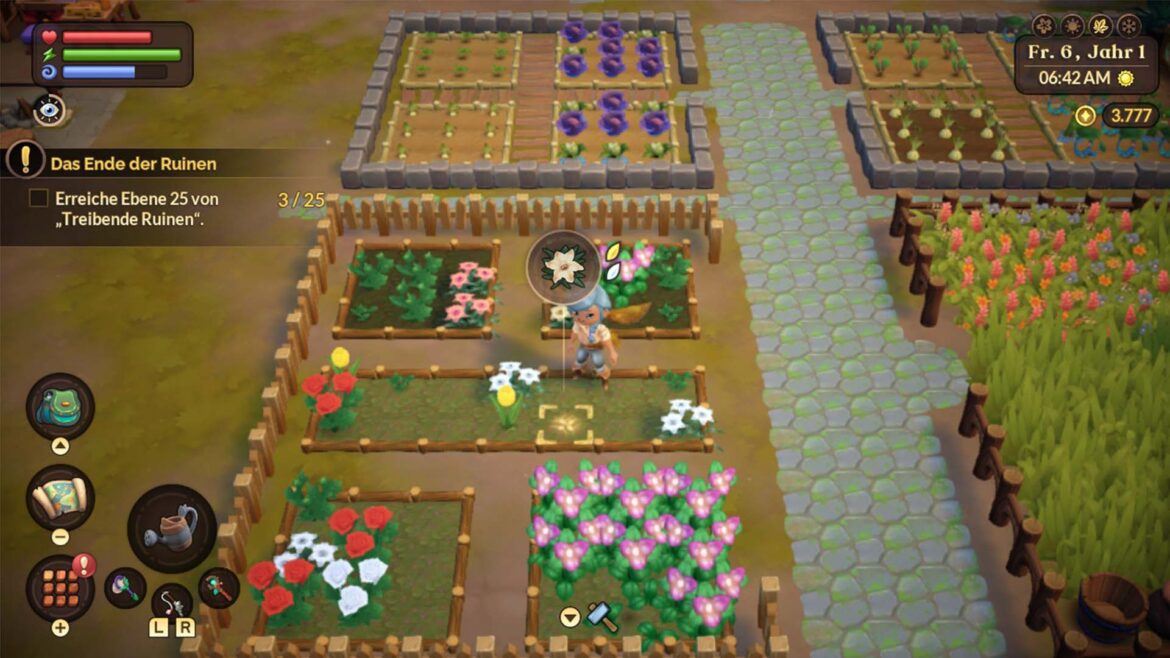Die Figur steht in einem Feld von Blumen.