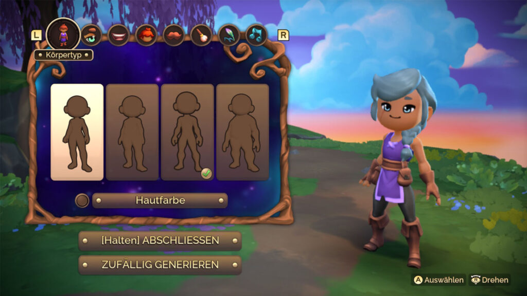 Zu sehen ist die Charaktererstellung in Fae Farm. Links sind vier Körpertypen zur Auswahl und links steht der bislang blauhaarige und sonnengebräunte Charakter.