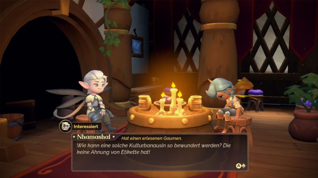Die Figur sitzt mit einem NPC in einer Taverne vor einem Feuer und wird von ihm als Kulturbanausin beleidigt.