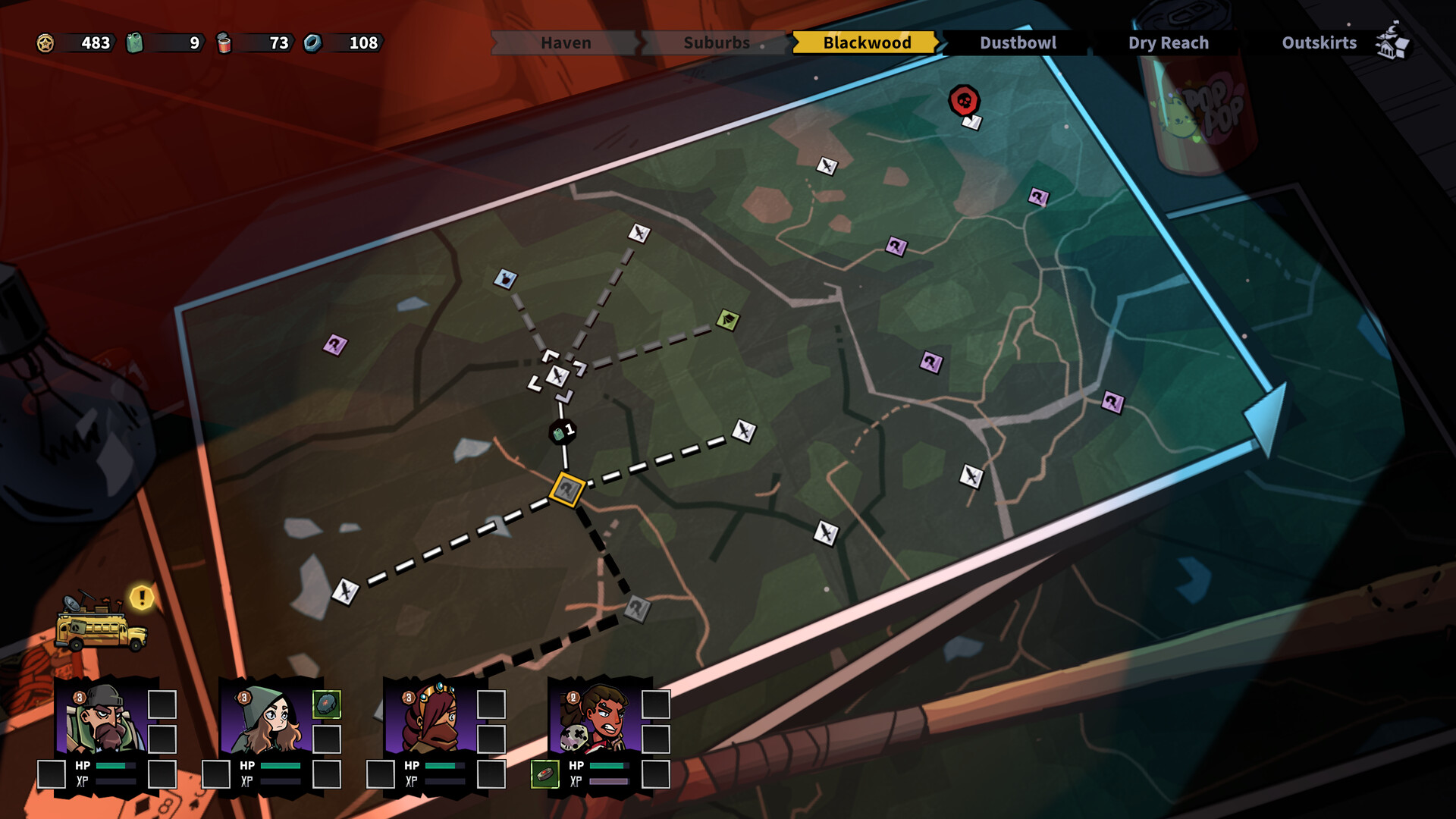 Eine Karte in Days of Doom, auf der die verschiedenen Felder mit Kämpfen, Rastplätzen oder sonstigen Ereignissen sichtbar sind.
