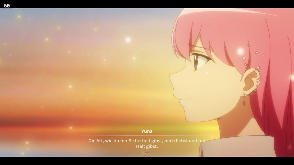 Eine Anime-like Szene aus Eternights, wo Yuna zu sehen ist vor einem Sonnenuntergang
