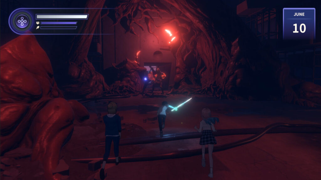 Yuna, Chani und der Protagonist rennen auf ein paar Monster in rötlichem Dungeon zu