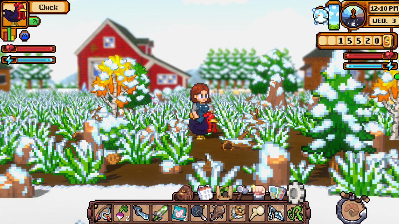 Ein Farmer inmitten eines verschneiten Feldes. Cornucopia ist im Steam Summer Sale vertreten und im 2,5D Pixellook.